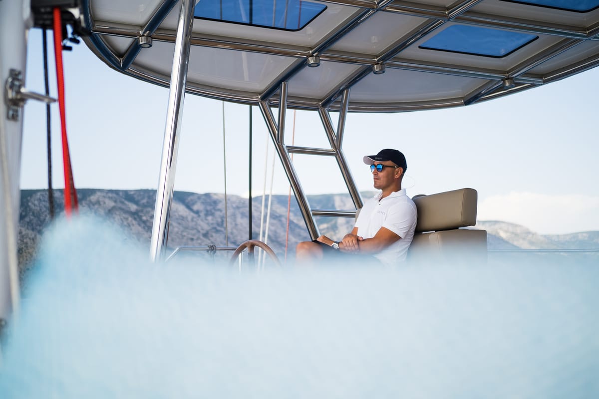 Cockpit of Vulpino, a Sunreef Yachts Sunreef 60 catamaran at Grad Kaštela, Croatia