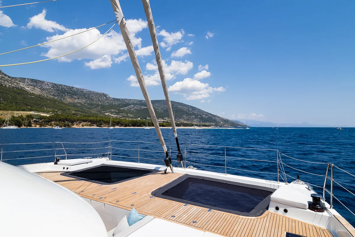 Deck of Vulpino, a Sunreef Yachts Sunreef 60 catamaran at Grad Kaštela, Croatia