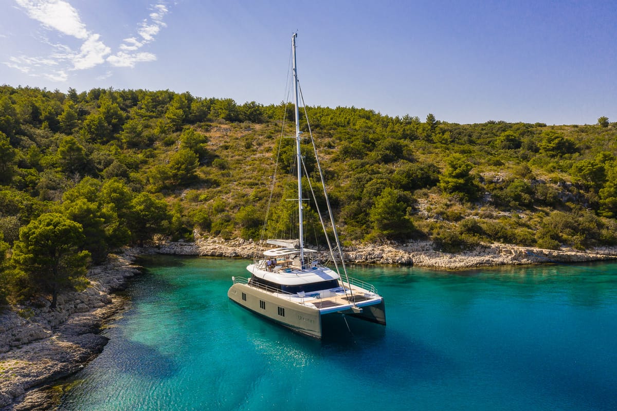 Exterior view of Vulpino, a Sunreef Yachts Sunreef 60 catamaran at Grad Kaštela, Croatia