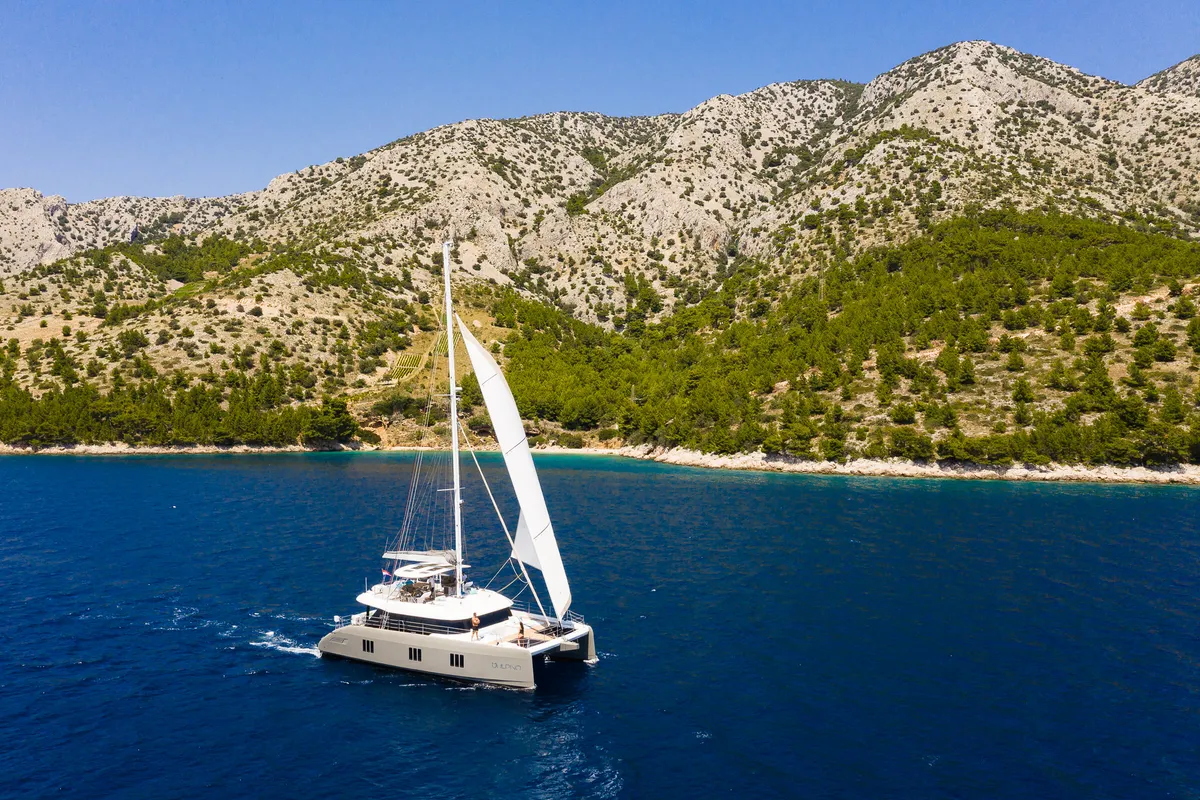 Exterior view of Vulpino, a Sunreef Yachts Sunreef 60 catamaran at Grad Kaštela, Croatia