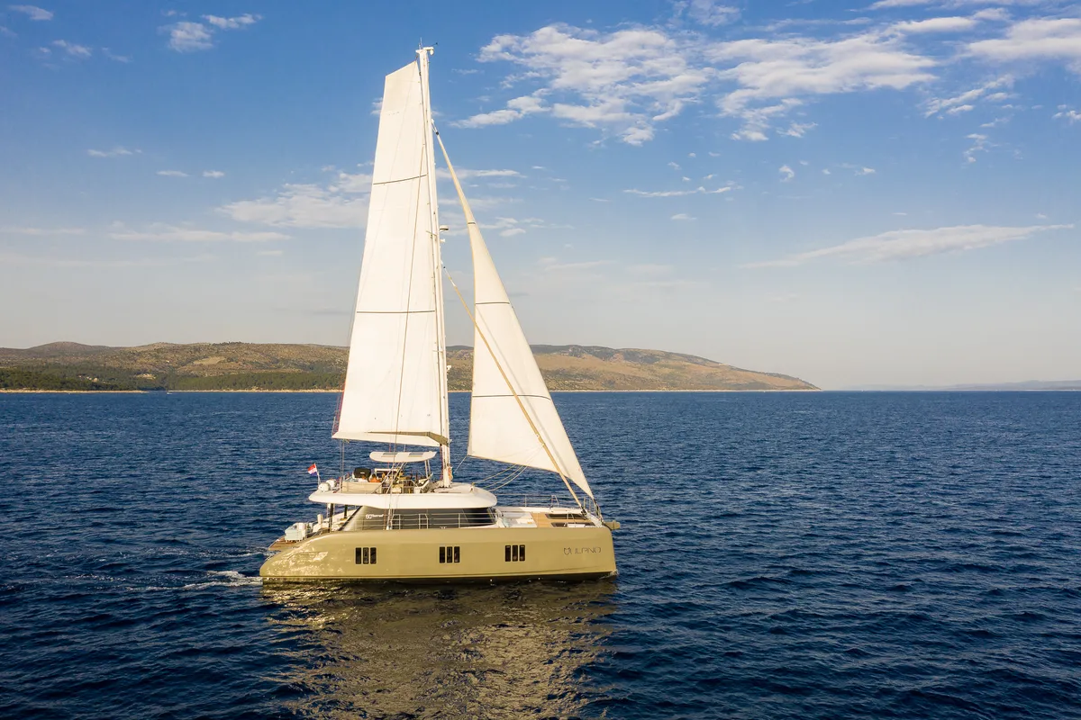 Exterior view of Vulpino, a Sunreef Yachts Sunreef 60 catamaran at Grad Kaštela, Croatia