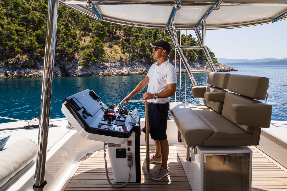 Cockpit of Vulpino, a Sunreef Yachts Sunreef 60 catamaran at Grad Kaštela, Croatia