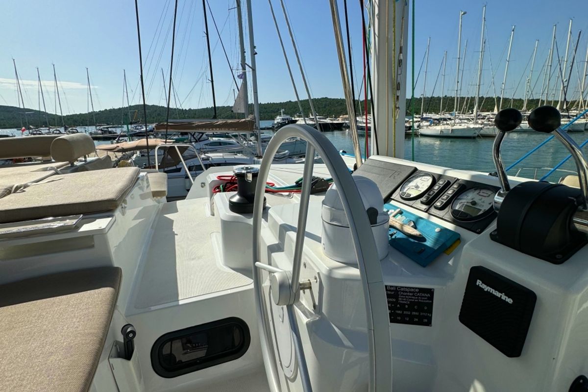 Cockpit of Compass, a Bali Catspace catamaran at Pirovac, Croatia