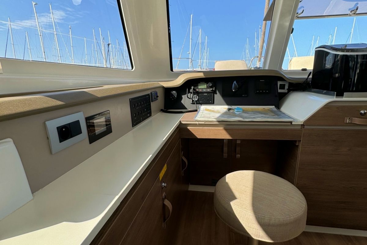 Cockpit of Compass, a Bali Catspace catamaran at Pirovac, Croatia