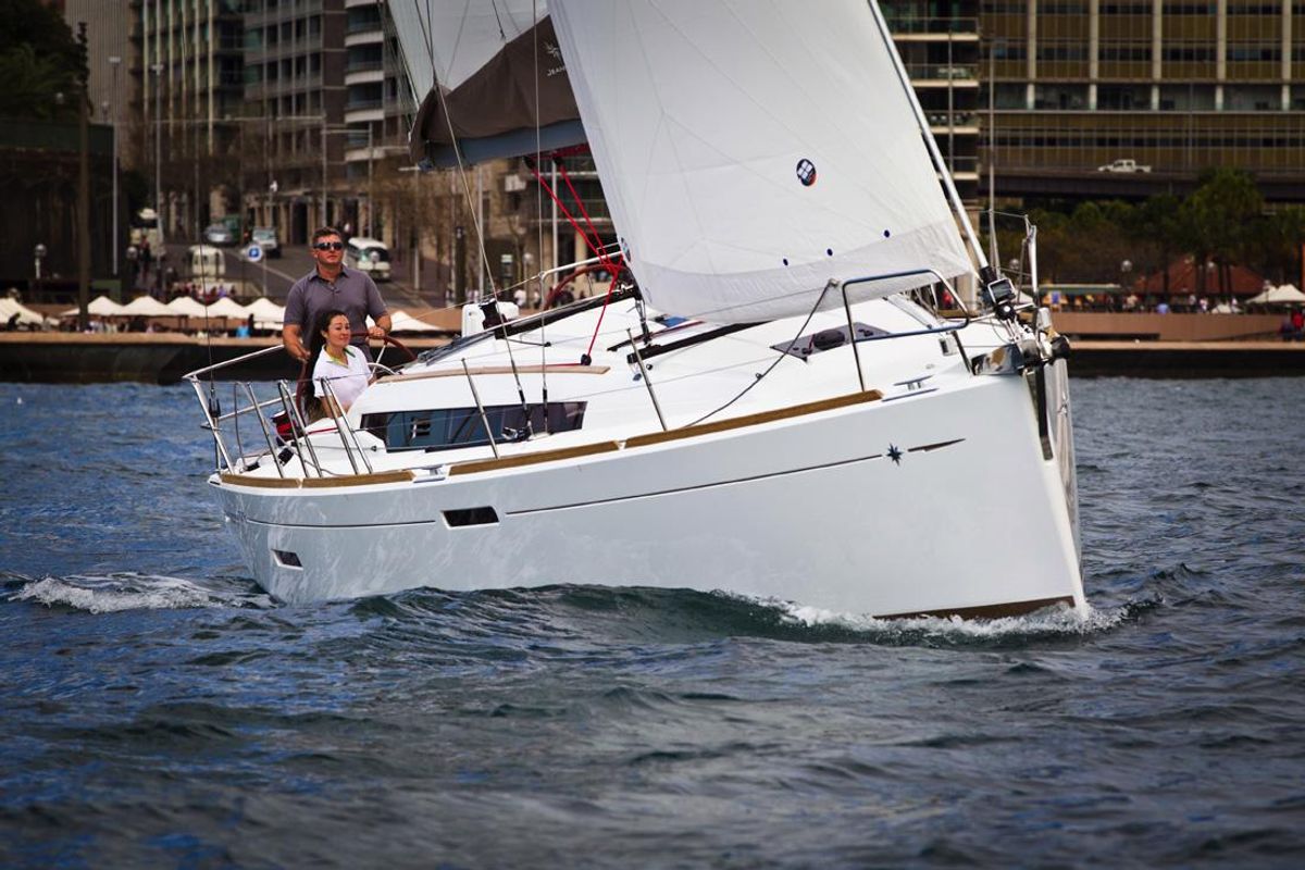 Exterior view of Eol, a Jeanneau Sun Odyssey 389 sailboat at Grad Biograd na Moru, Croatia