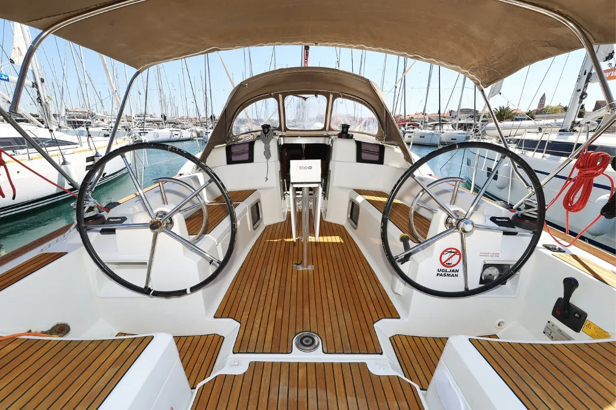 Eol, a Jeanneau Sun Odyssey 389 sailboat at Grad Biograd na Moru, Croatia