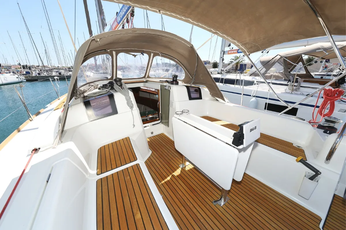 Eol, a Jeanneau Sun Odyssey 389 sailboat at Grad Biograd na Moru, Croatia