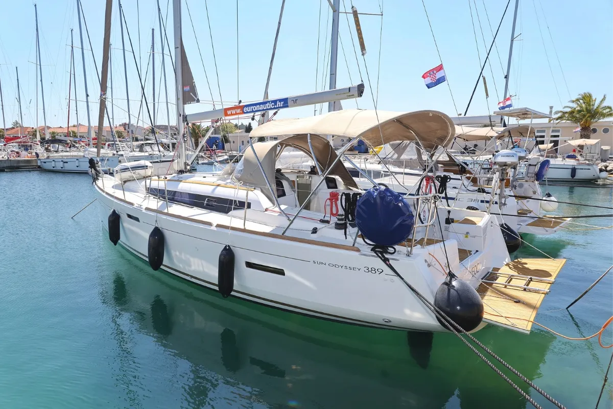 Eol, a Jeanneau Sun Odyssey 389 sailboat at Grad Biograd na Moru, Croatia