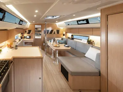 Salon of Horizon, a Bavaria C42 sailboat at Skiathos, Greece