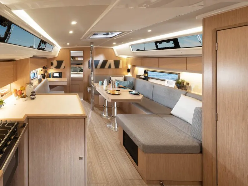 Salon of Horizon, a Bavaria C42 sailboat at Skiathos, Greece