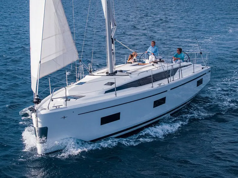 Exterior view of Horizon, a Bavaria C42 sailboat at Skiathos, Greece