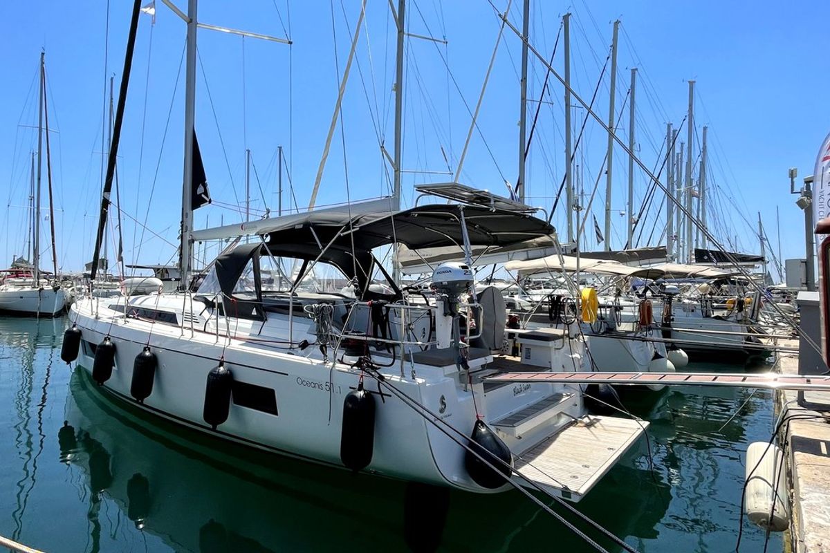 Exterior view of Black Swan, a Beneteau Oceanis 51.1 sailboat at Athens, Greece