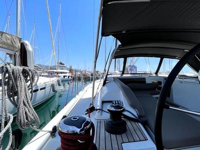 Cockpit of Black Swan, a Beneteau Oceanis 51.1 sailboat at Athens, Greece
