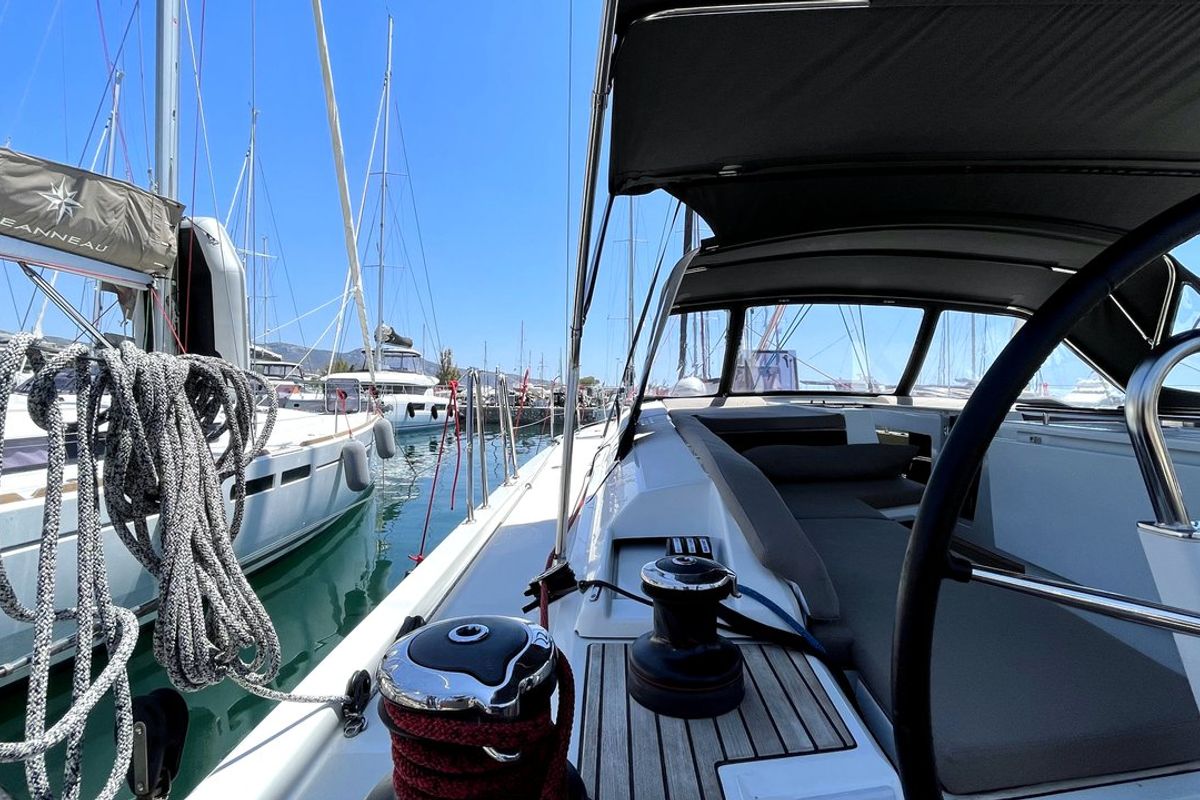 Cockpit of Black Swan, a Beneteau Oceanis 51.1 sailboat at Athens, Greece
