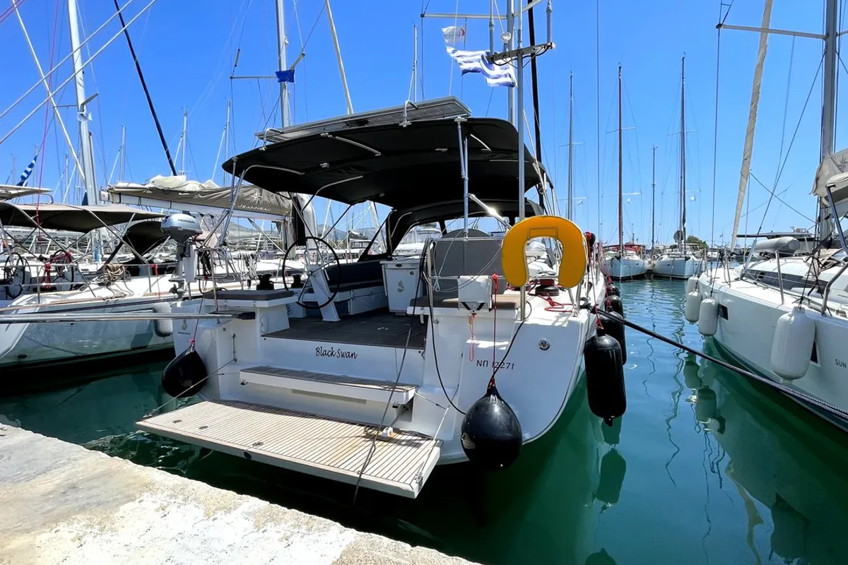 Exterior view of Black Swan, a Beneteau Oceanis 51.1 sailboat at Athens, Greece