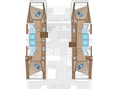 Floor plan of Pantera, a Lagoon 46 catamaran at Olbia, Italy