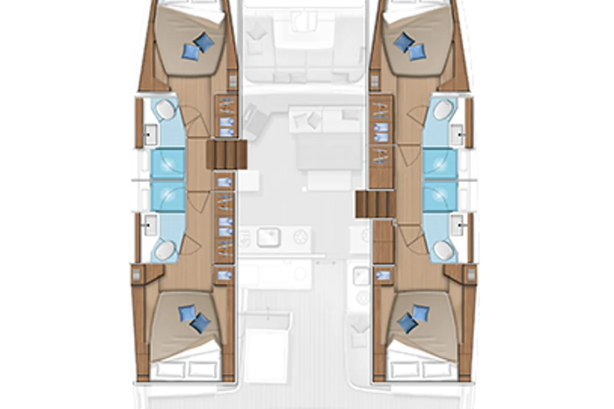 Floor plan of Pantera, a Lagoon 46 catamaran at Olbia, Italy