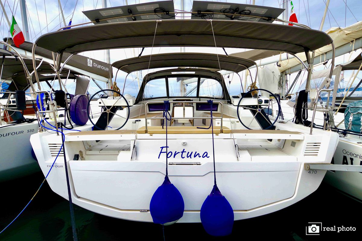 Exterior view of Fortuna, a Dufour 470 sailboat at Castellammare di Stabia, Italy