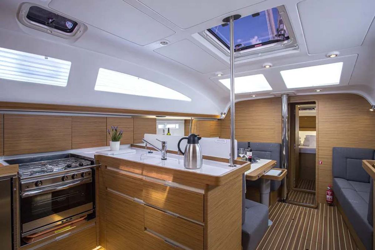 Galley of Monaco, a Elan Impression 45 sailboat at Općina Baška Voda, Croatia