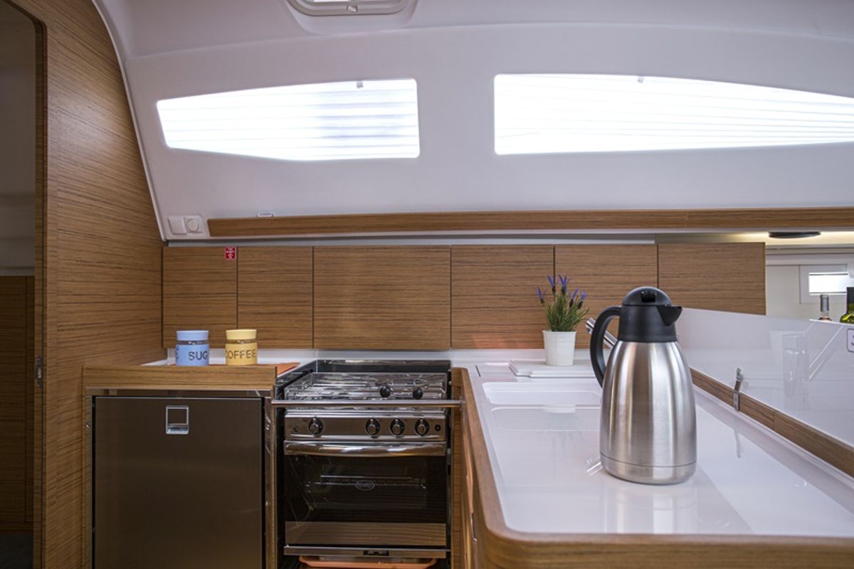 Galley of Monaco, a Elan Impression 45 sailboat at Općina Baška Voda, Croatia