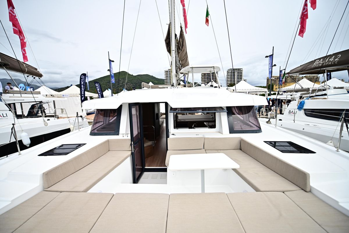 Deck of Grease, a Bali 4.4 catamaran at Salerno, Italy
