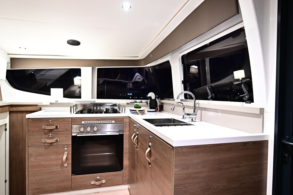 Exterior view of Grease, a Bali 4.4 catamaran at Salerno, Italy
