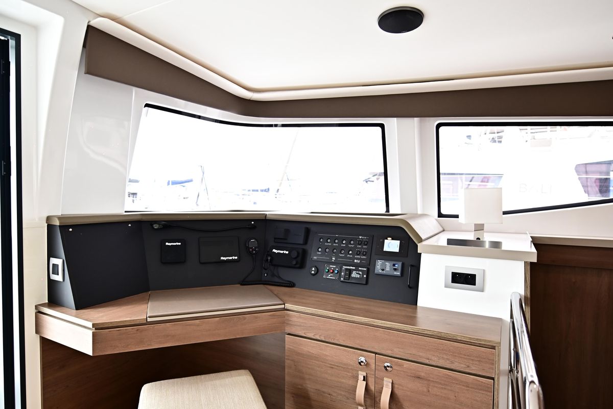 Cockpit of Grease, a Bali 4.4 catamaran at Salerno, Italy