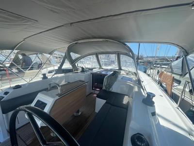 Cockpit of Blackberry, a Bavaria C42 sailboat at Parikia, Greece