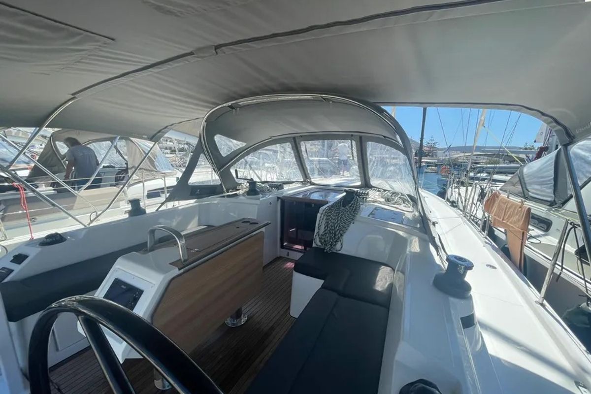 Cockpit of Blackberry, a Bavaria C42 sailboat at Parikia, Greece