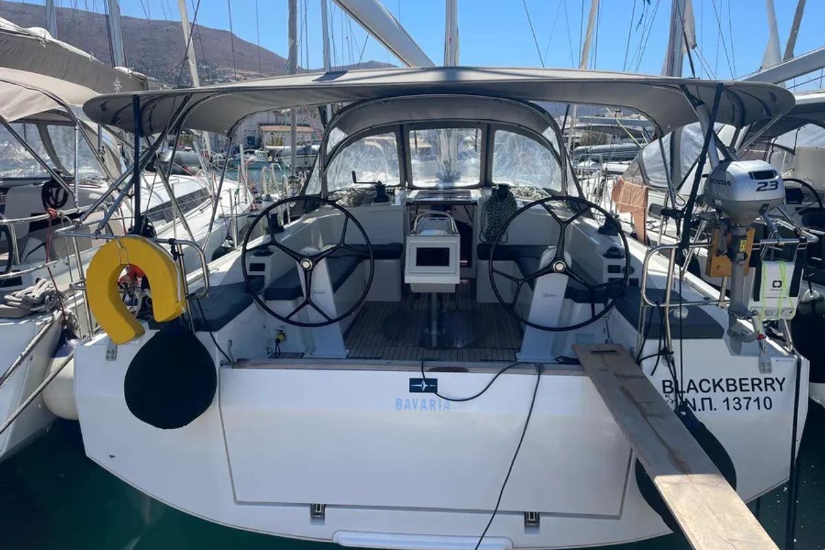 Exterior view of Blackberry, a Bavaria C42 sailboat at Parikia, Greece