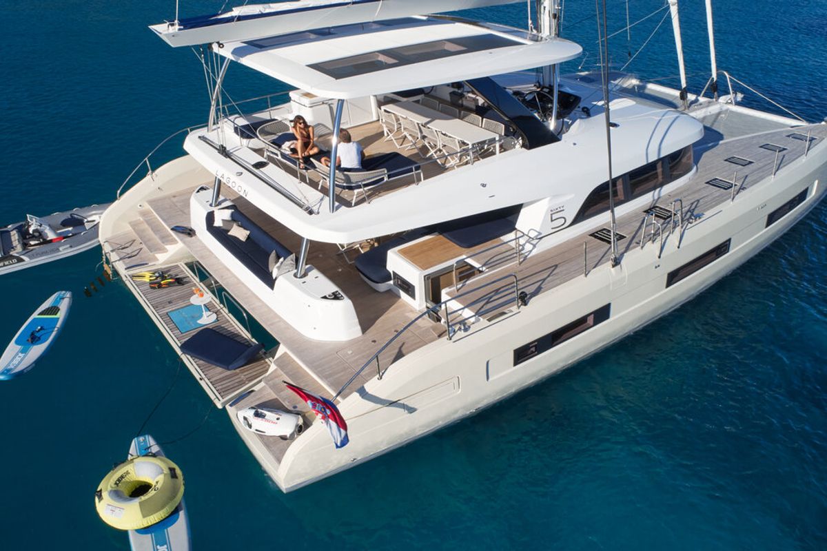 Exterior view of Amada Mia - CREWED, a Lagoon Sixty 5 catamaran at Split, Croatia