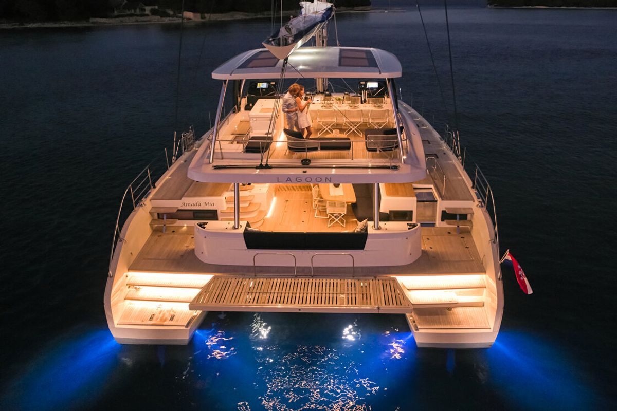 Exterior view of Amada Mia - CREWED, a Lagoon Sixty 5 catamaran at Split, Croatia