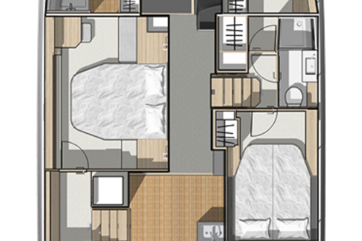 Floor plan of Stephana, a Fountaine Pajot MY5 catamaran at Central Abaco, Bahamas