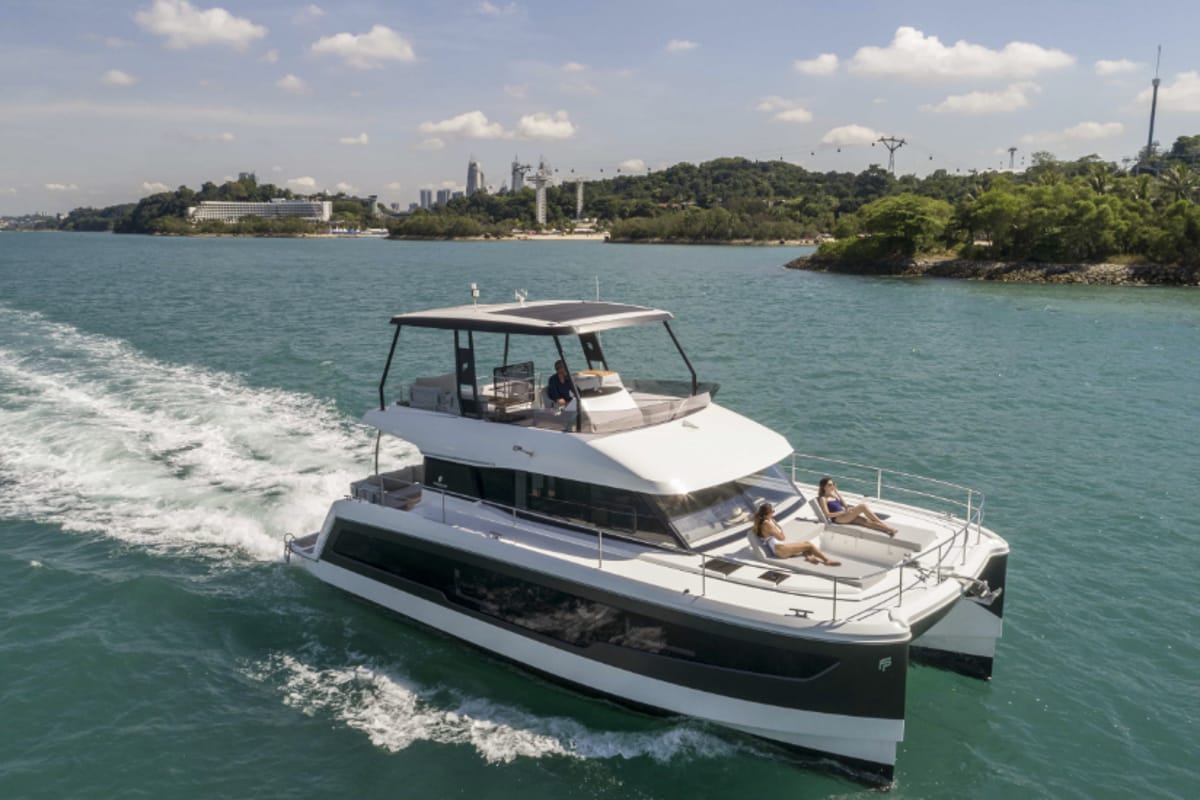 Exterior view of Stephana, a Fountaine Pajot MY5 catamaran at Central Abaco, Bahamas