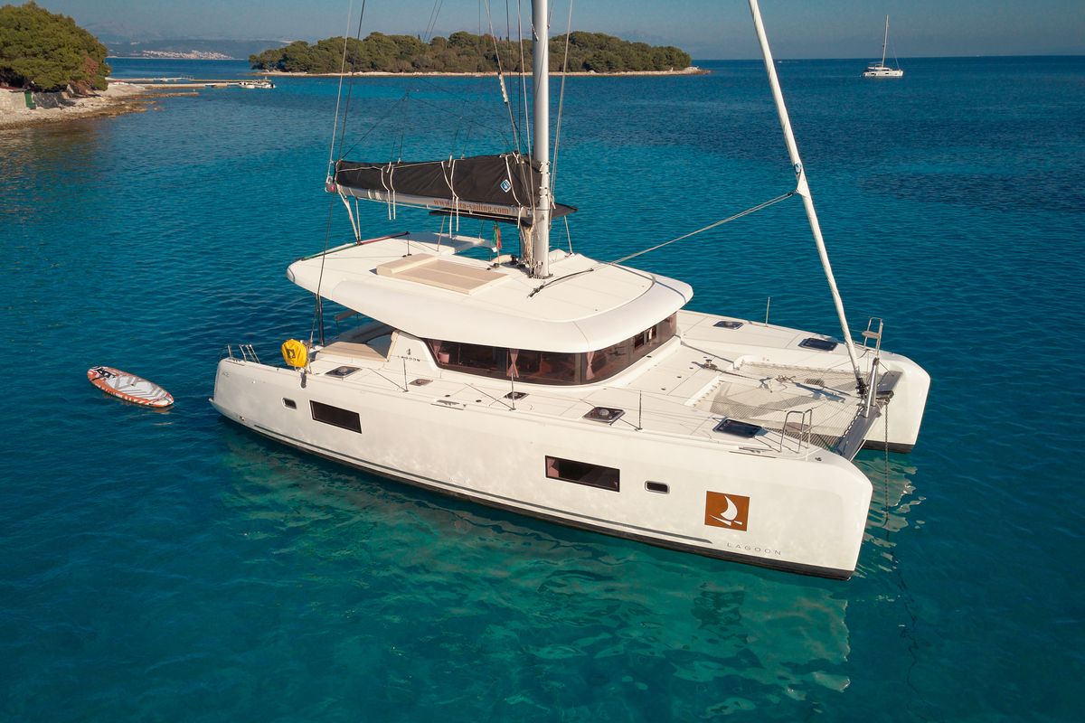 Exterior view of Barney, a Lagoon 42 catamaran at Grad Trogir, Croatia