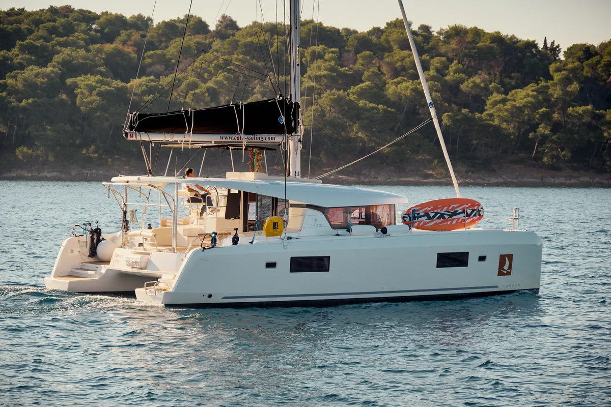 Exterior view of Barney, a Lagoon 42 catamaran at Grad Trogir, Croatia