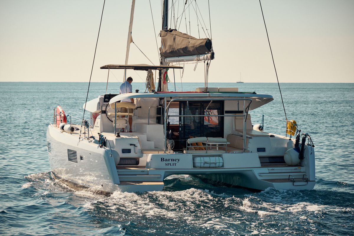 Exterior view of Barney, a Lagoon 42 catamaran at Grad Trogir, Croatia