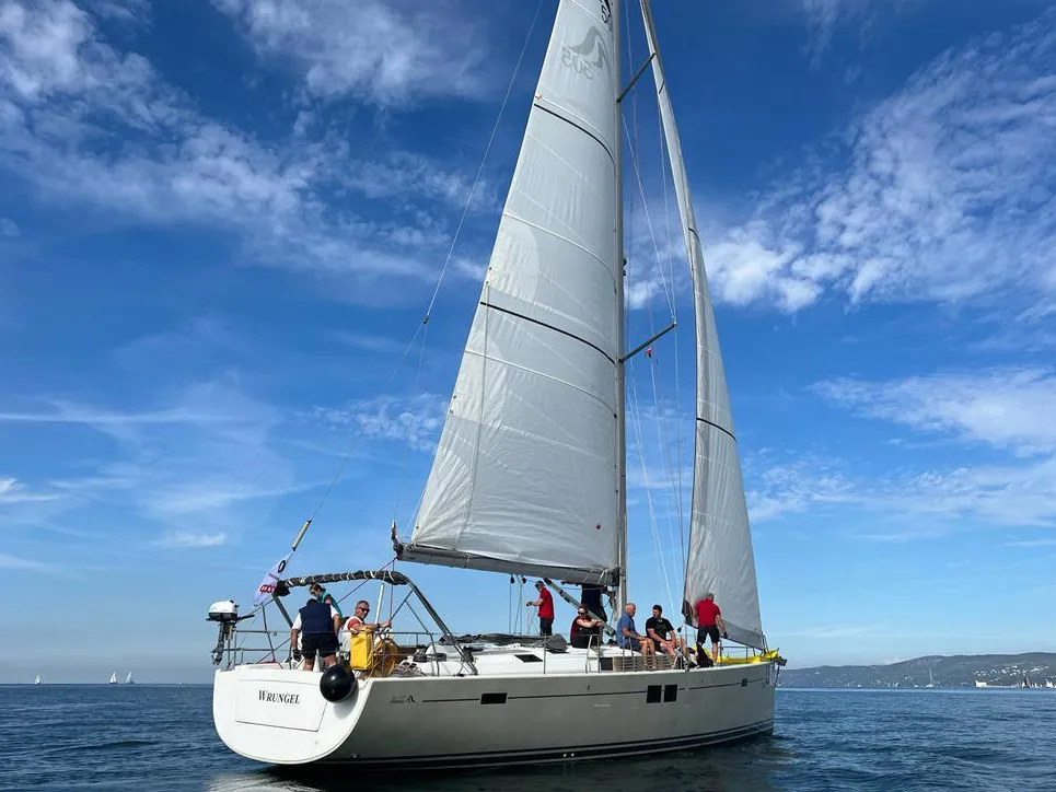 Exterior view of Wrungel, a Hanse Yachts Hanse 505 sailboat at Grad Rovinj, Croatia