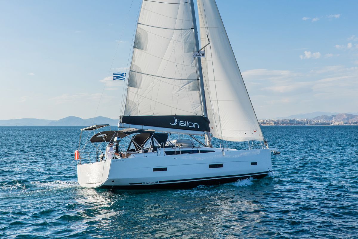 Exterior view of First Love, a Dufour 430 sailboat at Skradin, Croatia