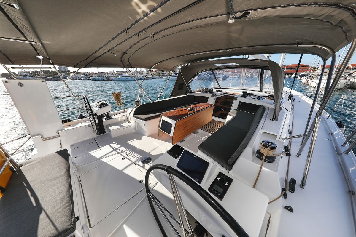 Deck of Kasper, a Dufour 530 sailboat at Grad Vodice, Croatia