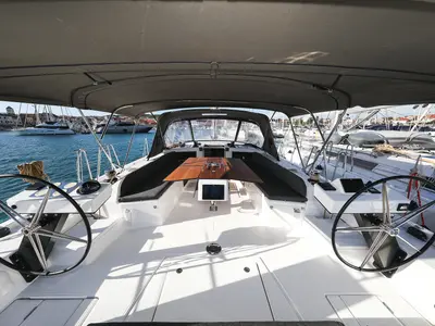 Cockpit of Kasper, a Dufour 530 sailboat at Grad Vodice, Croatia