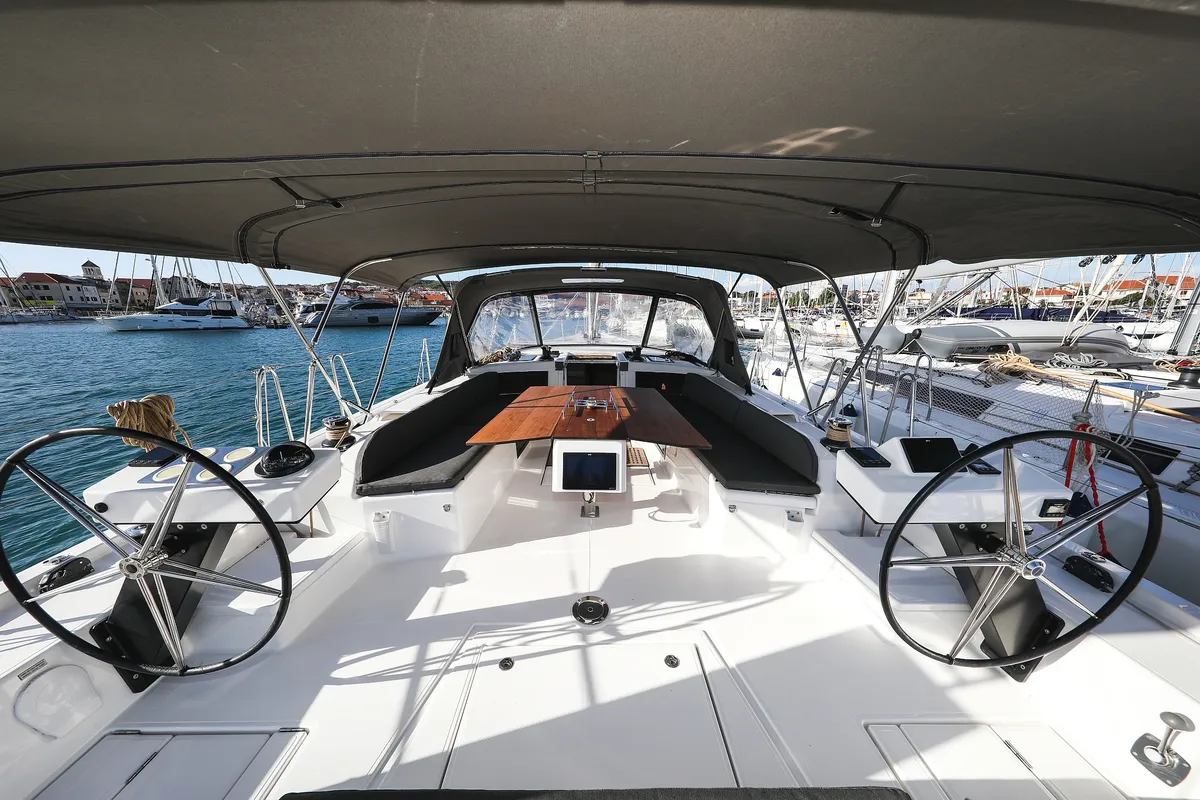 Cockpit of Kasper, a Dufour 530 sailboat at Grad Vodice, Croatia