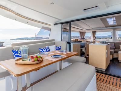 Deck of Ripple, a Fountaine Pajot FP 44 Maestro catamaran at Charlotte Amalie, United States