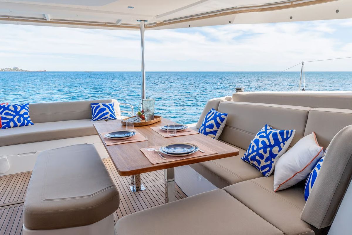 Deck of Ripple, a Fountaine Pajot FP 44 Maestro catamaran at Charlotte Amalie, United States