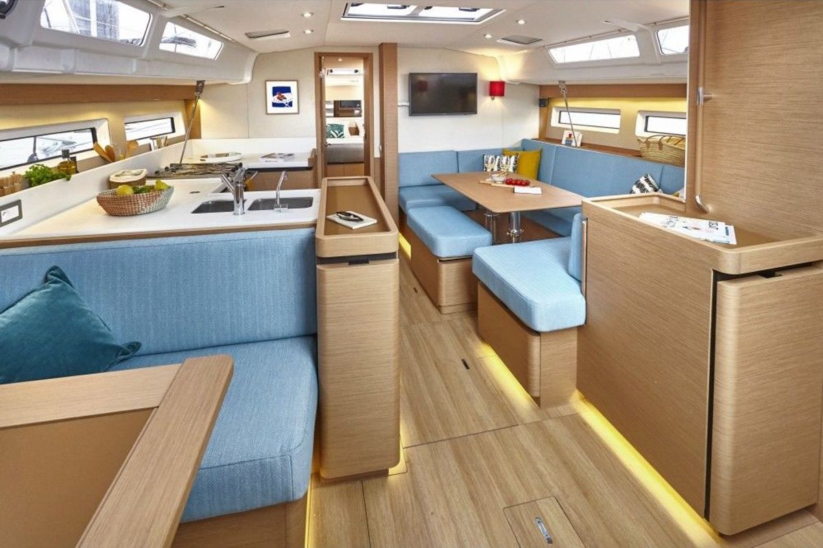 Salon of Bellatrix, a Jeanneau Sun Odyssey 490 sailboat at Preveza, Greece