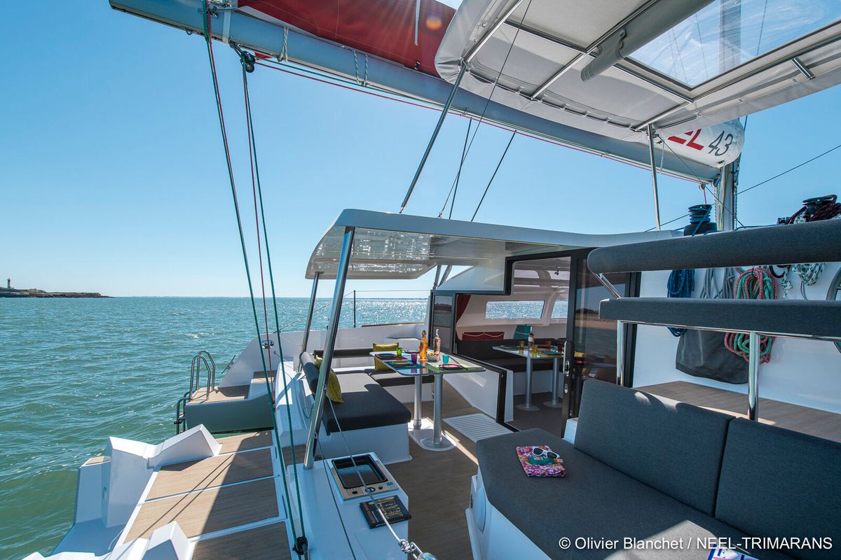 Deck of Lungta, a NEEL 43 sailboat at La Rochelle, France