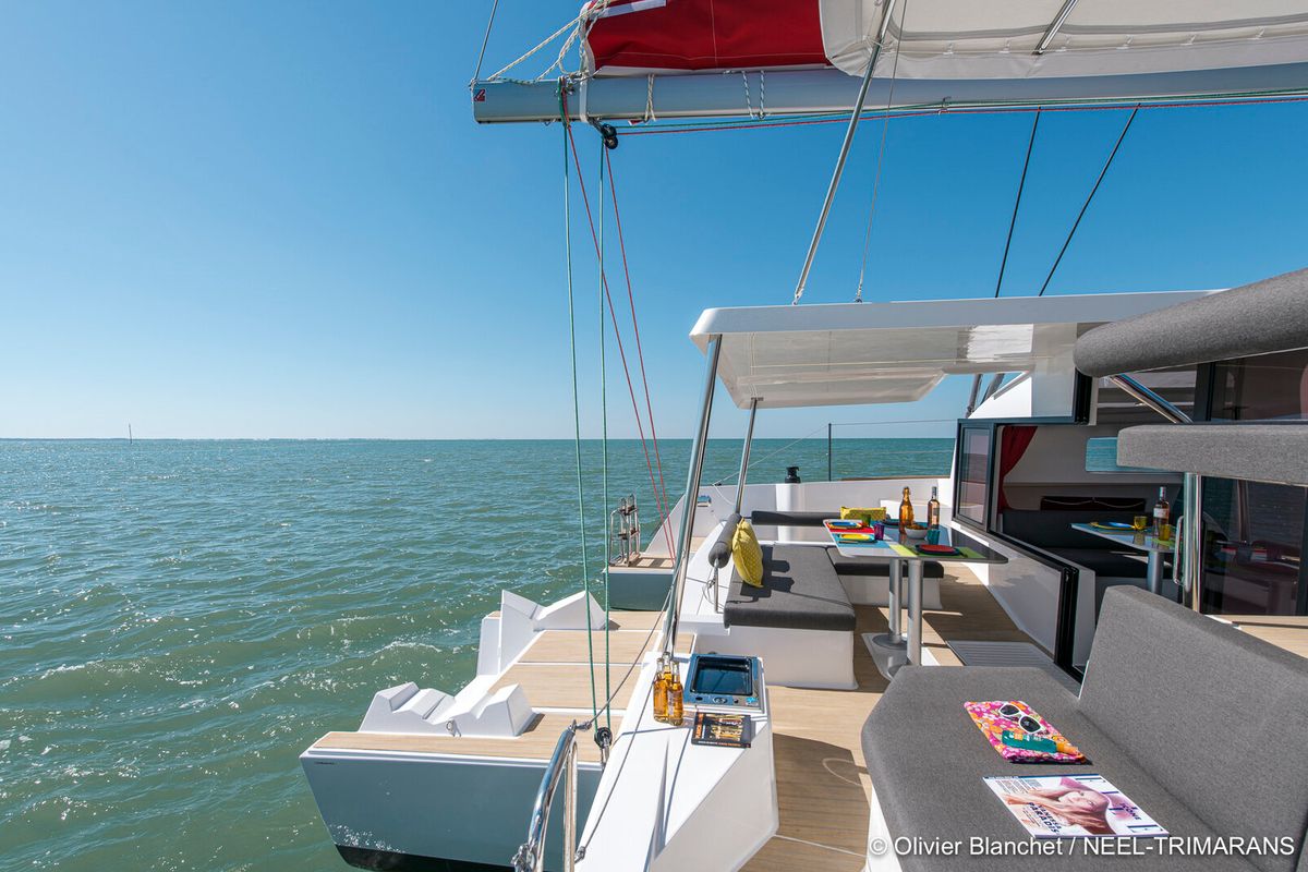 Deck of Lungta, a NEEL 43 sailboat at La Rochelle, France