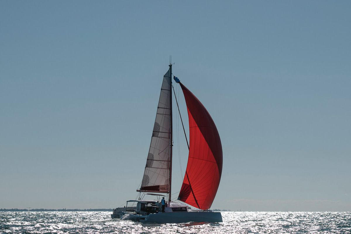 Exterior view of Lungta, a NEEL 43 sailboat at La Rochelle, France