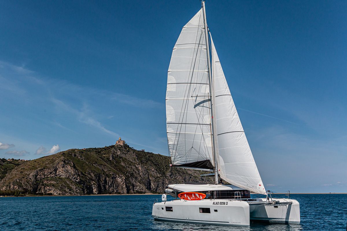 Exterior view of Almalu, a Lagoon 42 catamaran at Tonnarella, Italy