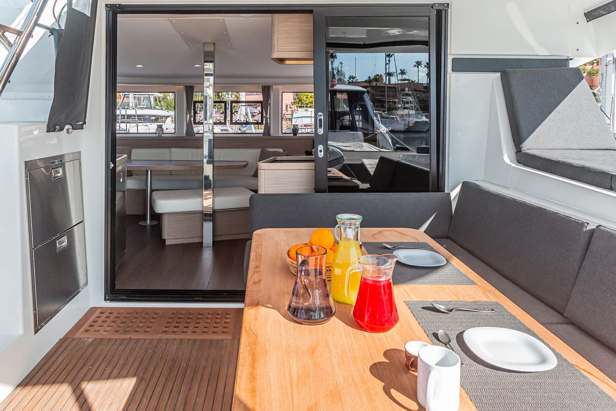 Deck of Almalu, a Lagoon 42 catamaran at Tonnarella, Italy